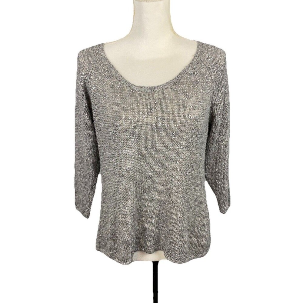 Eileen Fisher Womens Size Large Italian Yarn Linen Blend Gray Metallic Sweater